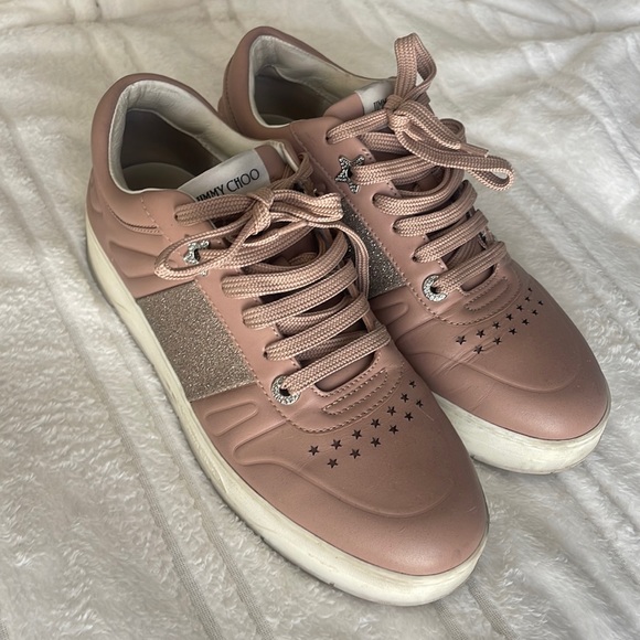 Jimmy Choo Pink and Silver Metallic Hawaii Sneakers - Picture 1 of 4